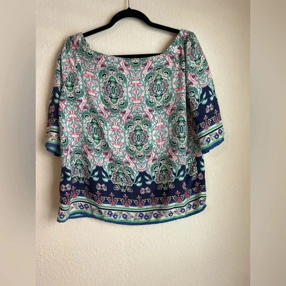 Artisan Ny abstract geometric pink green and blue pattern blouse size M - Picture 5 of 6